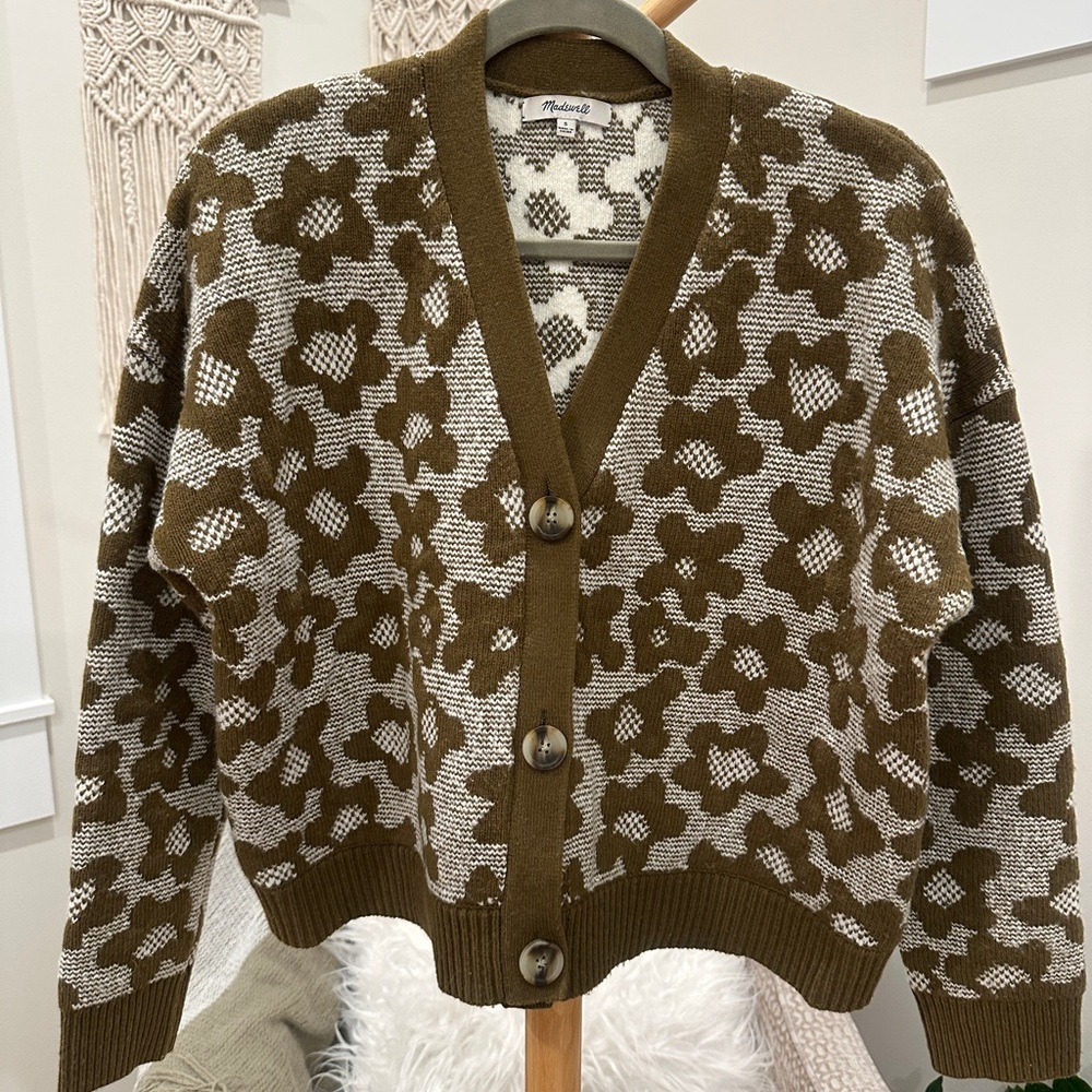 Madewell Dark Olive Floral Jacquard Button Front Cardigan Sweater, Boxy, Small